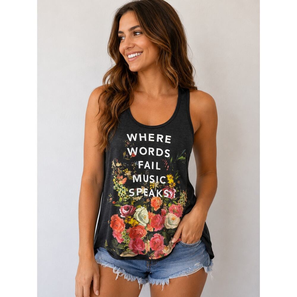Hot Topic Black Matter Floral Tank Top M Racerback Where Words Fail Music Speaks